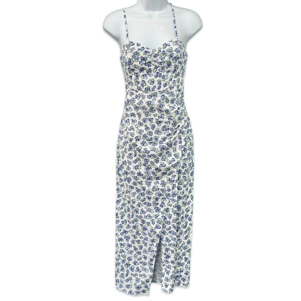 Zara White Blue Green Floral Cross Strap Front Slit Midi Dress size XS NEW Tags